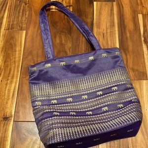 Tote Bag- Lightweight Purple & Gold Fabric with Rigid Base. Elephants! Like New!